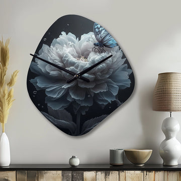 White Flower Blooming Butterflies - Asymmetric Metal Wall Clock